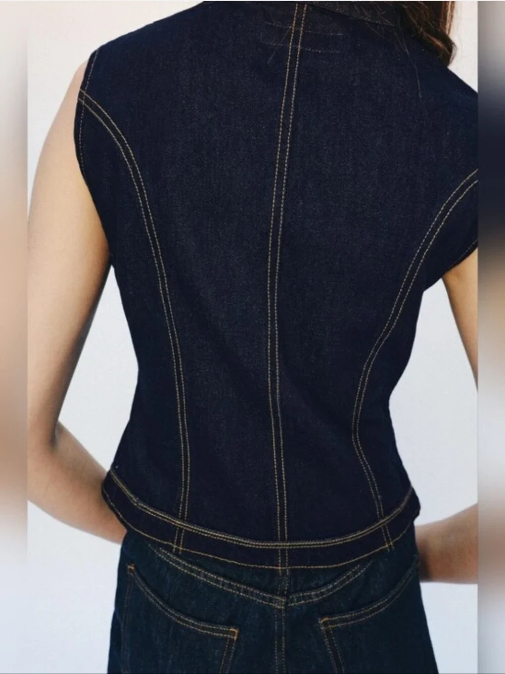 ZARA NEW Military TOPSTITCH FIREMAN CLASP DENIM VEST BLUE Size XS